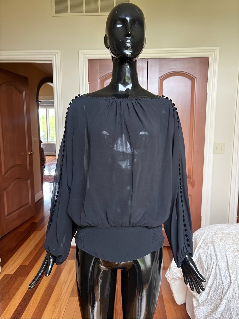 Rebecca Taylor Black Off-Shoulder Sheer Blouson Top
